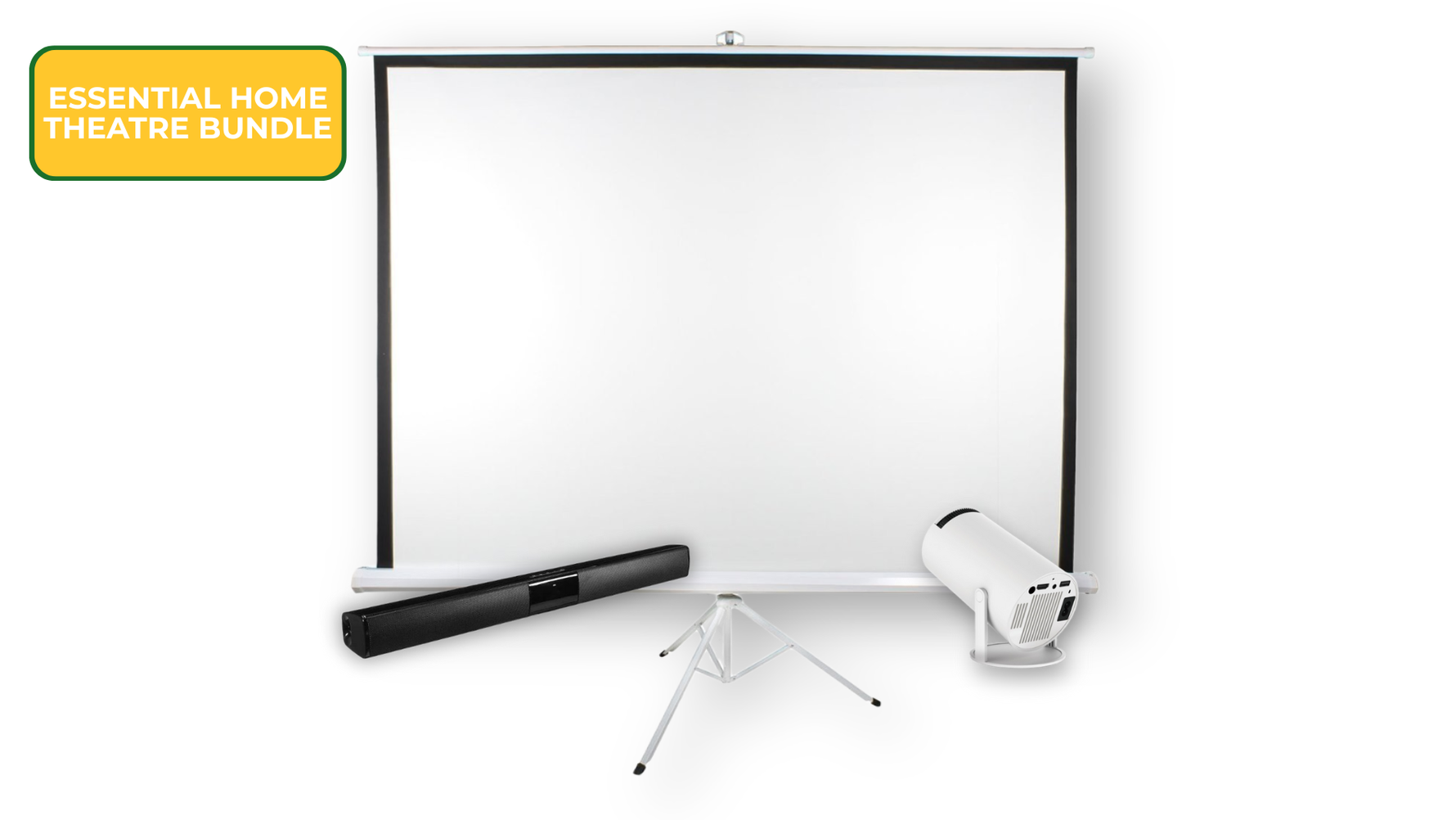 Essential Home Theatre Bundle – Smart Projector + 16:9 Screen + Wireless Soundbar