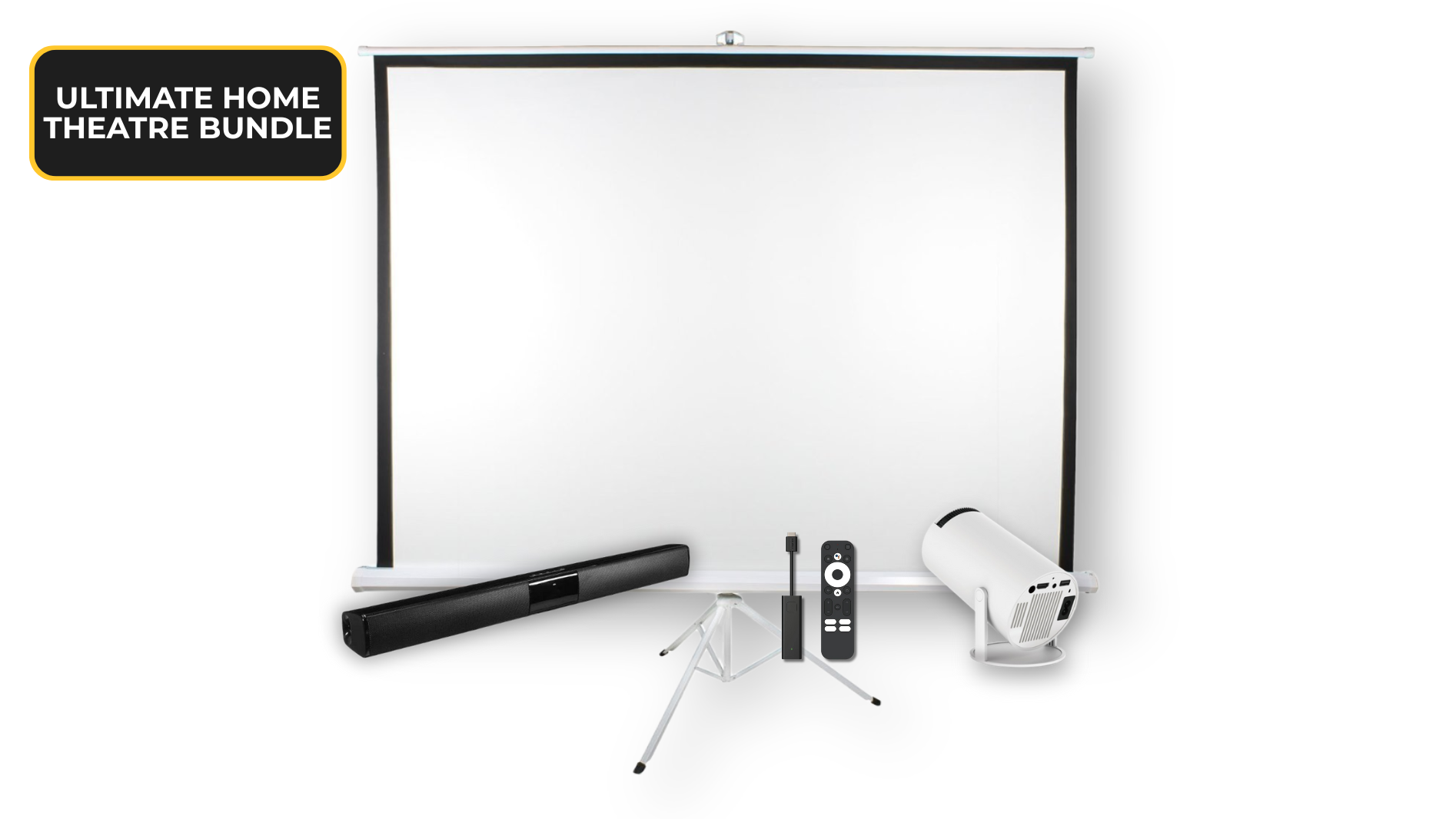 Ultimate Home Theatre Bundle – HD Projector + 16:9 Screen + 4K Streaming Stick + Wireless Soundbar